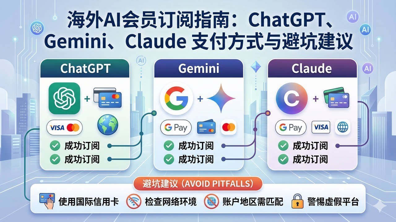 海外AI会员订阅指南：ChatGPT、Gemini、Claude 支付方式与避坑建议